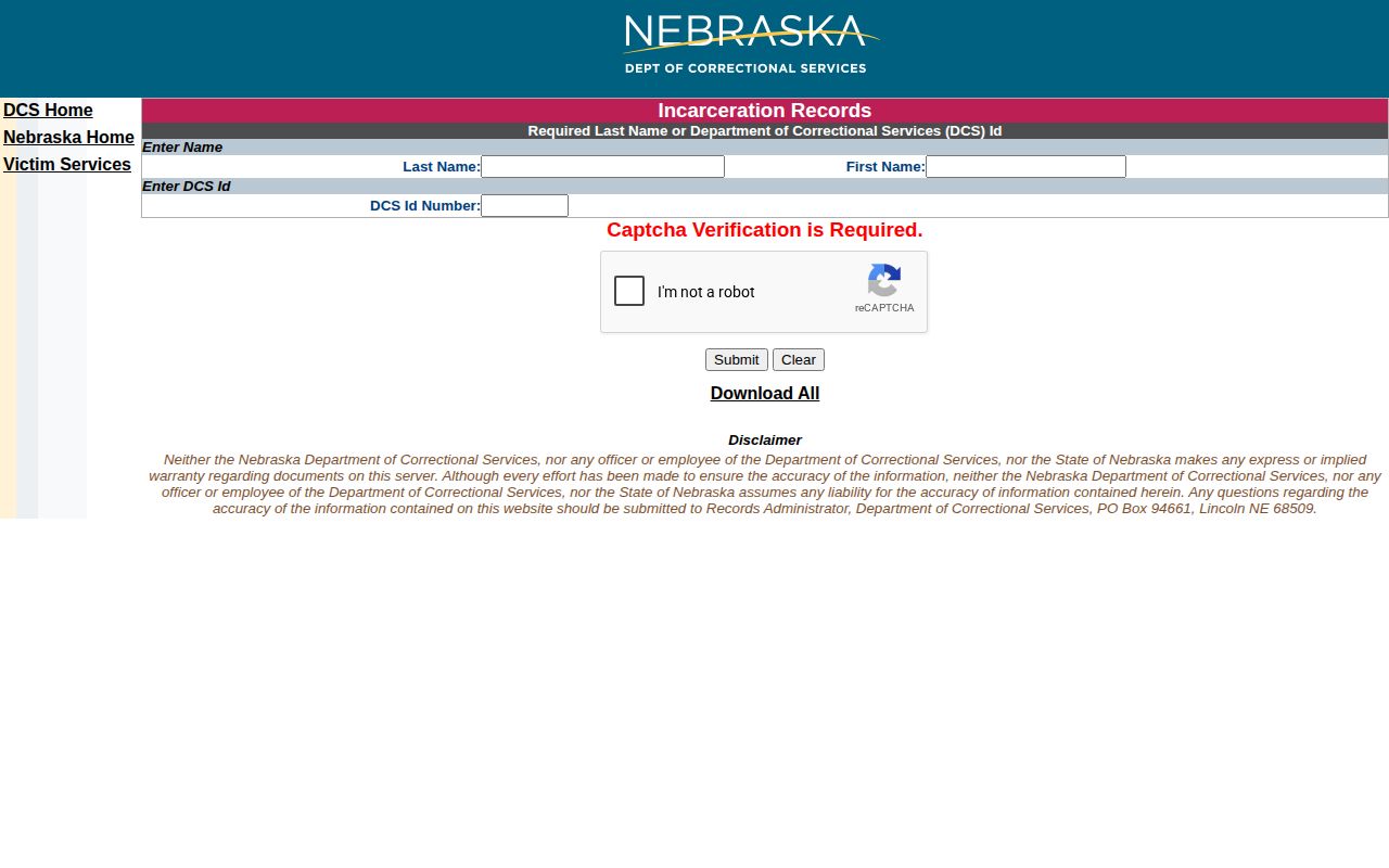 Lincoln County booking record routing to Nebraska NDCS offender search